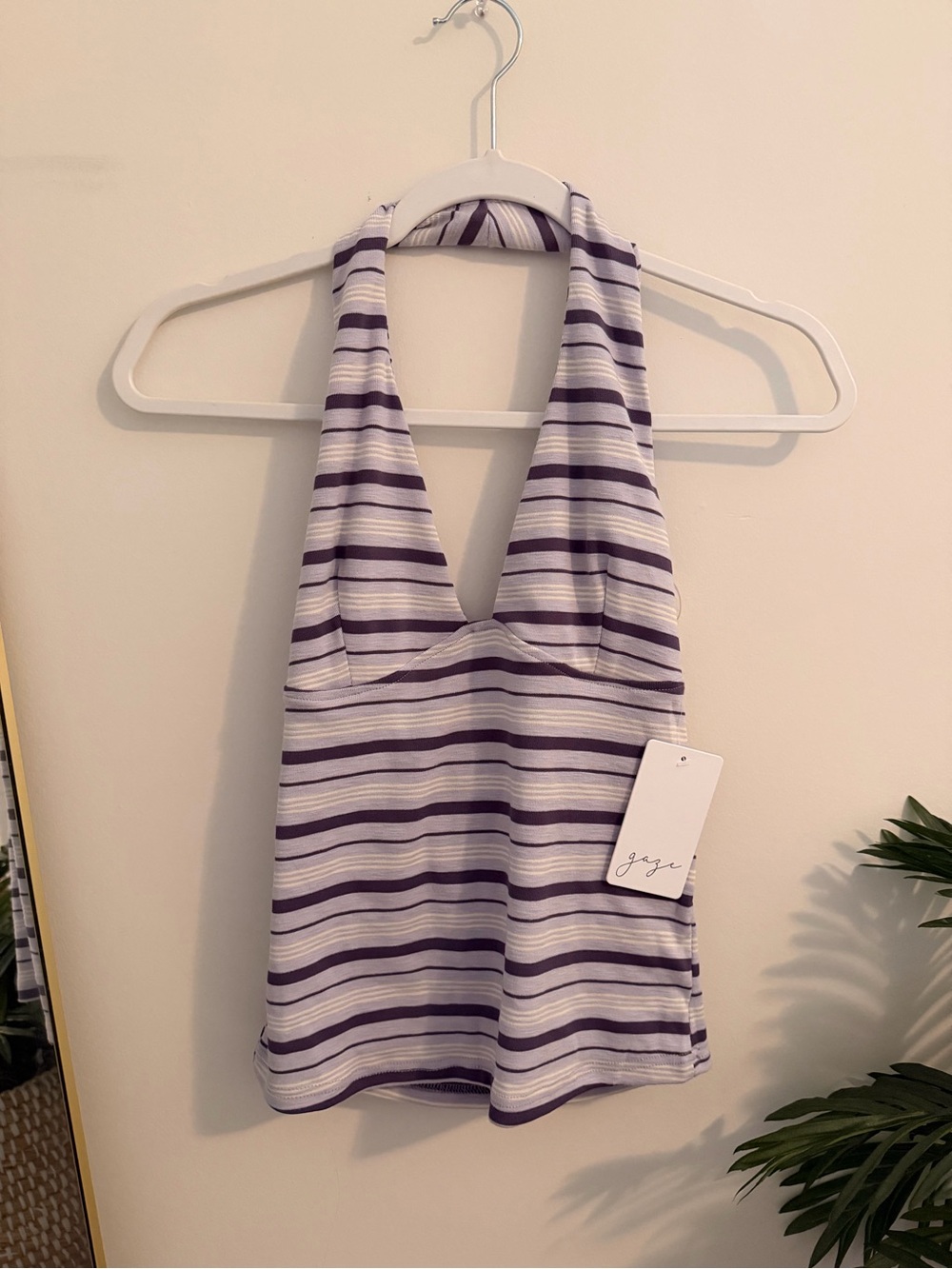 gaze Purple and White Striped Halter Chemise Top
